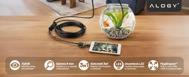 Alogy Hard Wire Kamera inspekcyjna endoskopowa micro USB + USB-C + USB Full HD 5m 8mm Endoskop