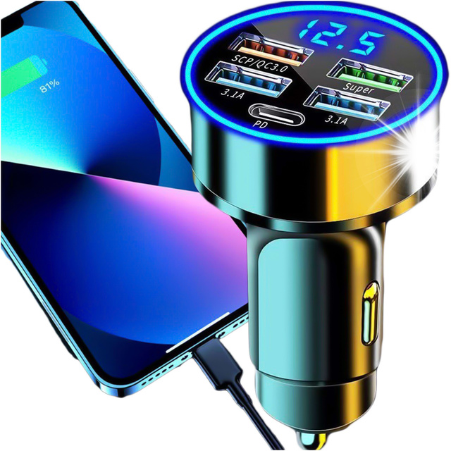 Alogy Car Ładowarka samochodowa 4x USB QC 3.0 + USB C PD 20W LED szybka mocna 250W czarna