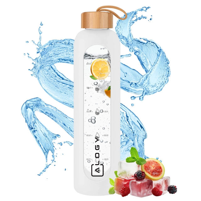 Alogy Motivational Glass Water Bottle Butelka szklana duża bidon na wodę napoje Miarka motywacyjna 1l 1000ml Biała