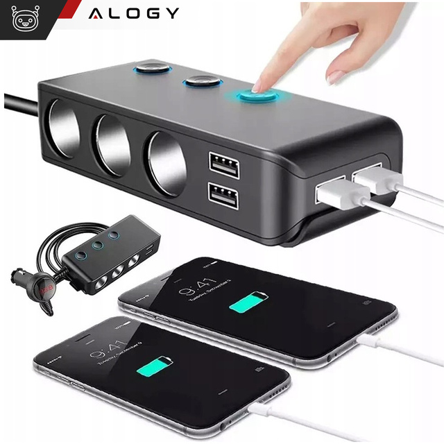  Alogy Adapter Rozdzielacz gniazda zapalniczki przełącznik 120W 3x Gniazdo zapalniczki + 4x USB QC Czarny