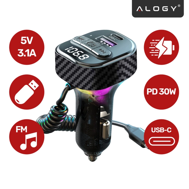 Transmiter FM Bluetooth 5.3 z Ładowarką Samochodową PD 30W QC3.0, Kabel Sprężynowy USB-C, Obsługa Pendrive, Podświetlenie LED 7 Barw – Alogy CarTune™ Czarny