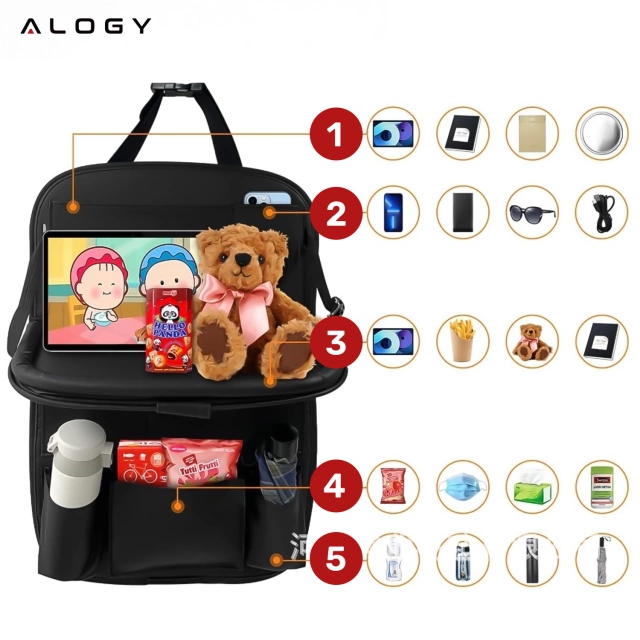 Alogy Organizer samochodowy ochraniacz na przedni fotel siedzenie samochodu auta stolik na tablet zabawki napoje Czarny