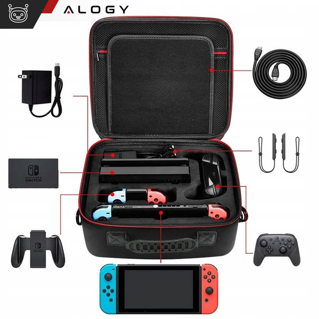 Alogy Etui kuferek walizka torba do Nintendo Switch OLED akcesoria 21 gier Wodoodporne z paskiem Czarny