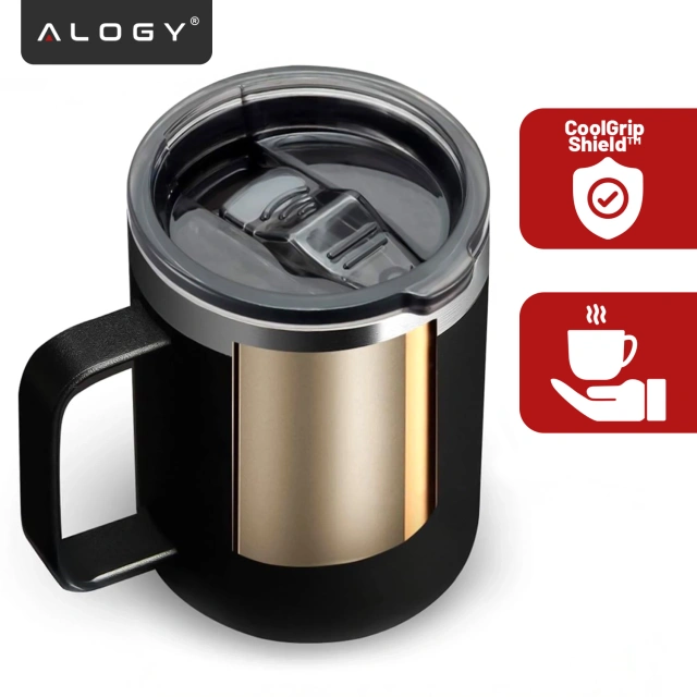 Alogy Kubek termiczny z uchwytem Thermal Mug otwierana pokrywka stalowy zimno i ciepło Czarny