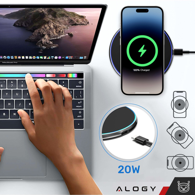Alogy Ładowarka indukcyjna QI bezprzewodowa 20W szybka LED okrągła  + kabel USB-CCzarna