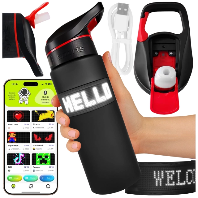 Butelka Bidon na Napoje LED, Inteligentna z Wyświetlaczem i Łącznością Bluetooth, Słomka, Motywacyjna, Wielokrotnego Użytku, Alogy FitBottle™ - Czarna