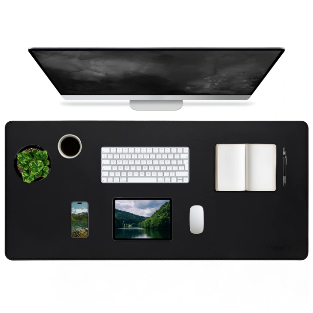 Podkładka na biurko 90×45 cm – antypoślizgowa mata ochronna z eleganckiej ekoskóry PU, pod mysz i klawiaturę, stylowa i trwała – Alogy WorkMat™ Czarna