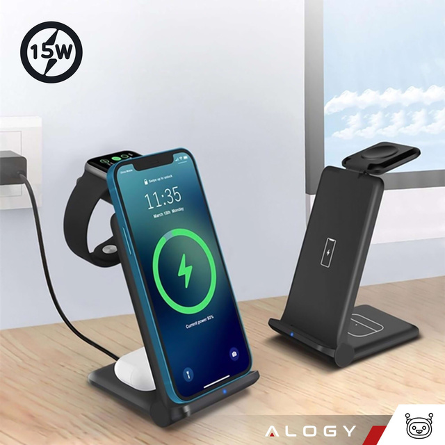 Ładowarka indukcyjna do iPHONE, APPLE WATCH, AIRPODS Alogy 3w1 QI stacja ładowania stojak 15W