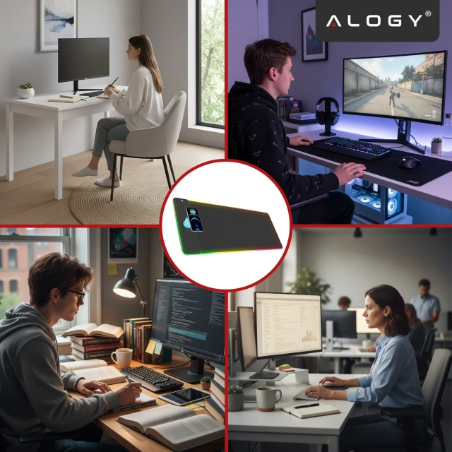 Podkładka na biurko z oświetleniem LED RGB pod myszkę mysz klawiaturę z ładowarką Qi do telefonu Alogy QiGlow Pro Mata ochronna antypoślizgowa gamingowa XL 80x30 cm Czarna