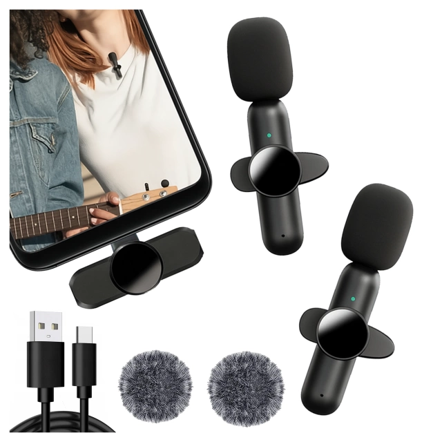 Mikrofon Bezprzewodowy 2x Zestaw - USB-C, redukcja szumu, lekka konstrukcja, zasięg do 20 metrów - 2x Mikrofon Krawatowy z Futerkową Osłoną, Odbiornik do telefonu - Alogy DualVoice™ Czarny