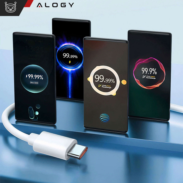 Kabel USB - USB-C typ C Alogy mocny szybki 67W 6A PD 1M przewód do ładowarki Blue Label Biały