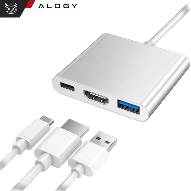 Alogy Adapter HUB 3w1 rozdzielacz USB-C 3.0 HDMI USB-A Srebrny