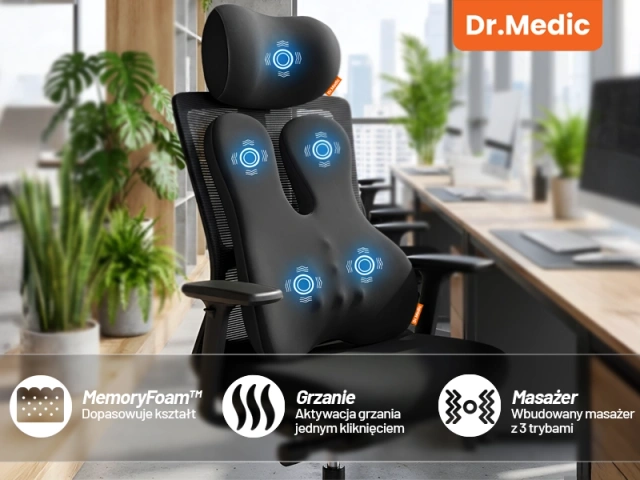Poduszka Samochodowa 2w1 z Masażem i Podgrzewaniem – ergonomiczne wsparcie szyi, karku, pleców i odcinka lędźwiowego, elektryczny masażer z wibracjami dla kierowcy i pasażera – Dr.Medic RelaxTherapyHeat™