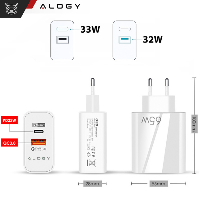 Alogy Ładowarka sieciowa szybka USB-A QC 3.0 Quick Charge + USB-C PD 33W 65W Biała