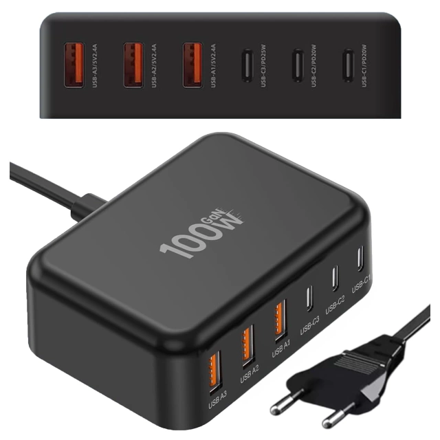 Ładowarka sieciowa 6w1 Super Szybkie Ładowanie 100W GaN 3x USB 3x USB-C Alogy Super Quick Charger Czarna