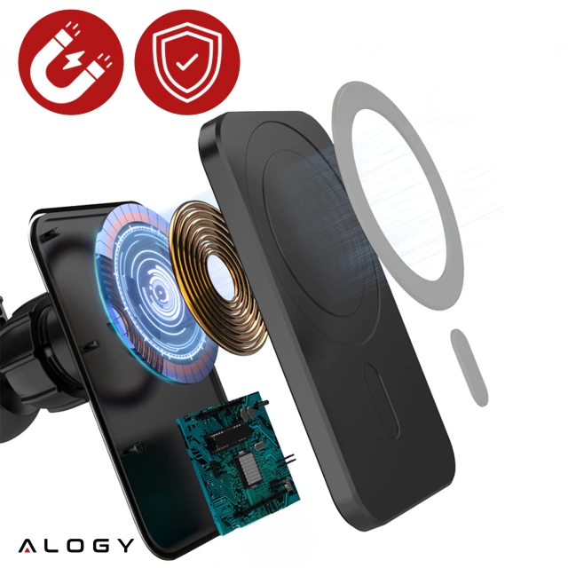 Alogy Uchwyt magnetyczny do auta z ładowarką Qi MagSafe na kratkę/ deskę 15W