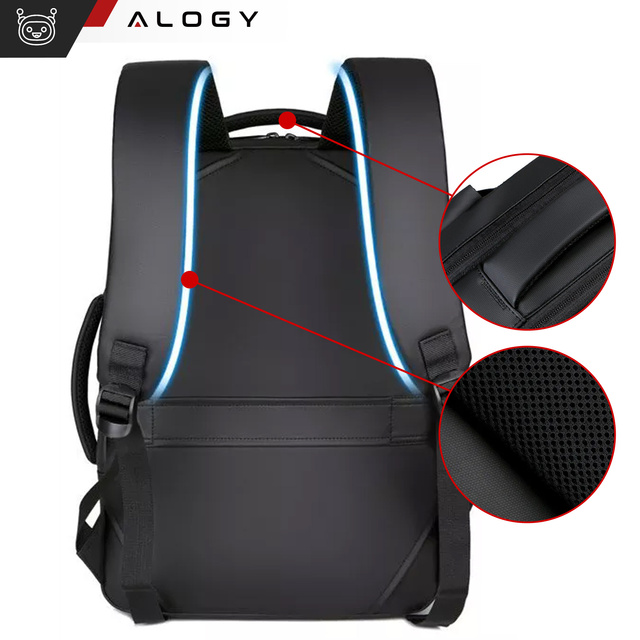Alogy Plecak torba na laptopa 15,6" wodoodporny z portem USB Unisex 42x30x10cm do samolotu na walizkę Backpack Czarny