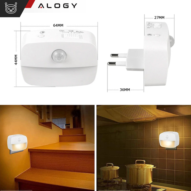 2x Alogy Lampka nocna z czujnikiem ruchu LED Night Light 3 barwy światła do gniazdka EU Biała