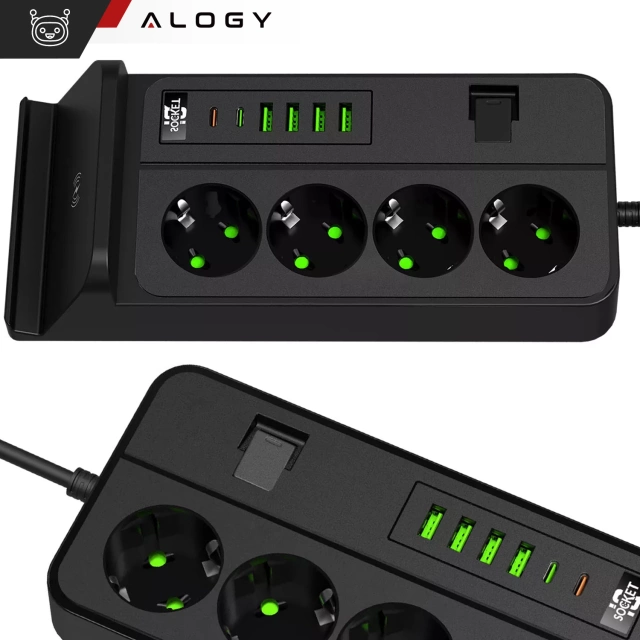 Rozgałęźnik gniazdka Alogy Plug Extender rozdzielacz adapter przedłużacz 3m z ładowarką Qi indukcyjną 4x wtyczka EU + 4x USB + 2x USB-C Czarny