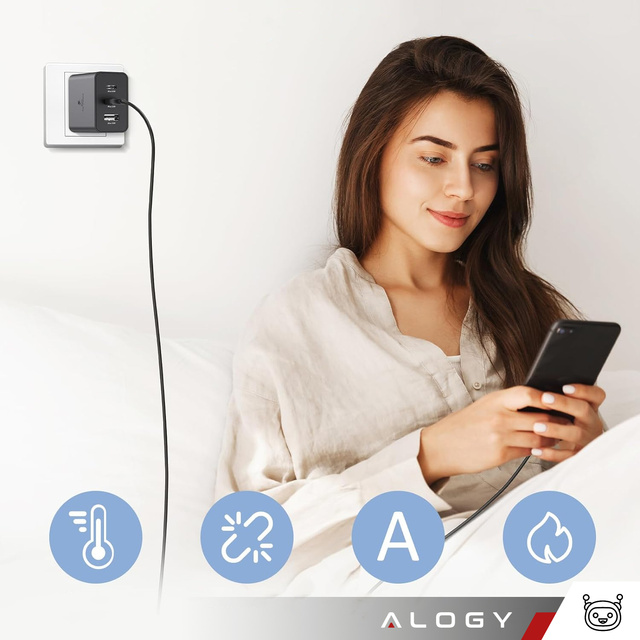 Alogy Ładowarka sieciowa szybka 65W 2x USB-C typ C PD + USB-A USB 3 porty mocna Czarna