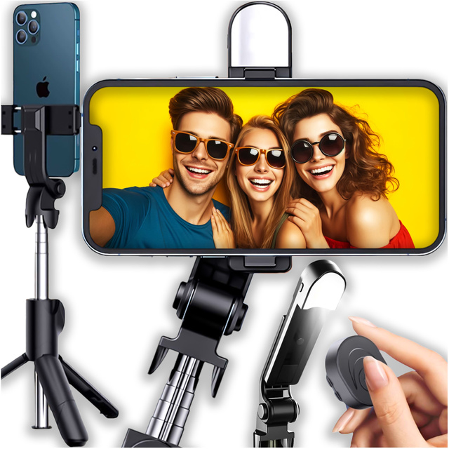 Alogy Uchwyt Bezprzewodowy Selfie Stick Bluetooth składany Tripod Mini statyw do telefonu z lampką LED