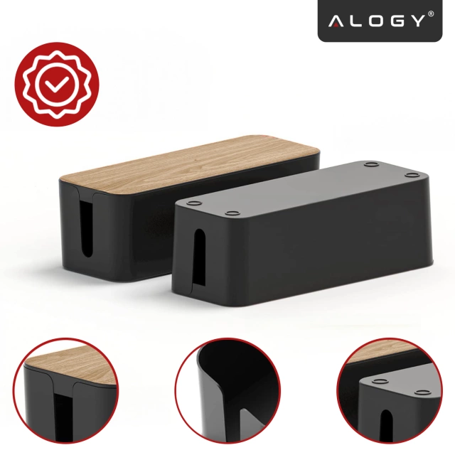 Organizer Pojemnik na Kable i Listwy, Pudełko Biurkowe i Podłogowe Rozmiar L, Estetyczne Wykończenie Drewno, Alogy CableBox™ – Czarny