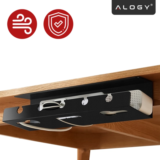 Organizer na Kable 2w1 Pod Biurko i na Ścianę, 40 cm, z Paskiem Klejącym utrzymanie porządku na biurku, Alogy CableHold™ – Czarny