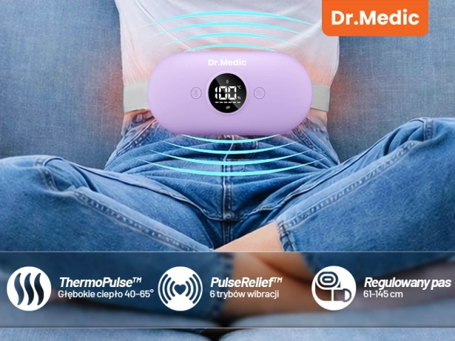 Pas Grzejący z Masażerem na okres i plecy - przeciwbólowy, ciepło + wibracje, 6 poziomów intensywności, akumulator 1800 mAh - Dr.Medic ThermoPulse™ Fioletowy