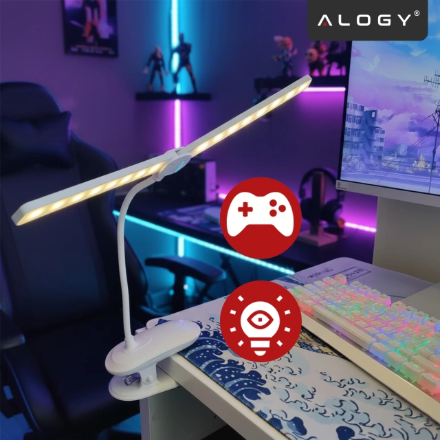 Lampka biurkowa nocna LED – akumulator 4000 mAh, podwójne oświetlenie, elastyczne ramię, klips z regulacją, idealna do biurka i łóżka – Alogy SmartClip™ Light Biała