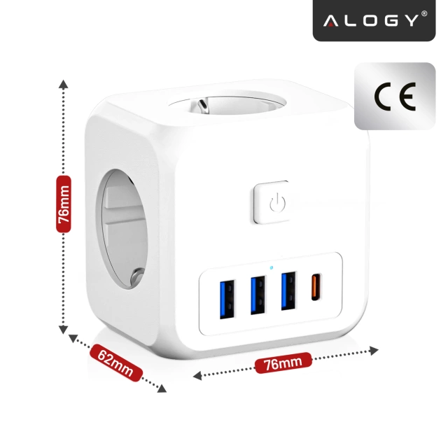 Alogy Rozgałęźnik sieciowy rozdzielacz Ładowarka adapter złodziejka 3 gniazdka PL/EU USB USB-C 7w1 5V 2.4A Biały