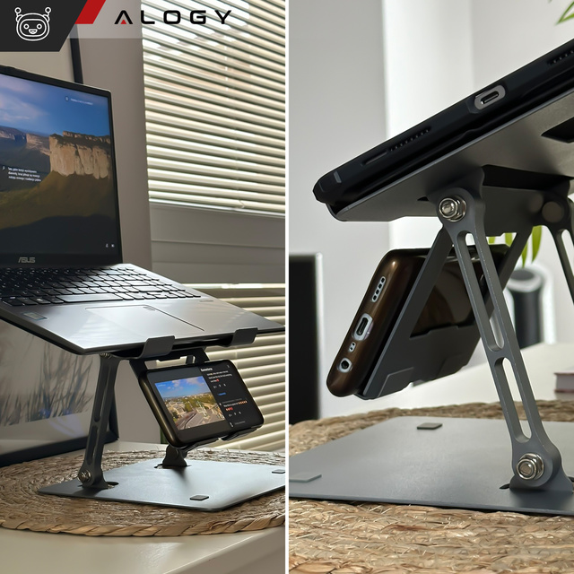 Alogy Uchwyt na laptop 17" Macbook tablet telefon stojak 2w1 podstawka składany regulowany aluminiowy na biurko Grafitowy