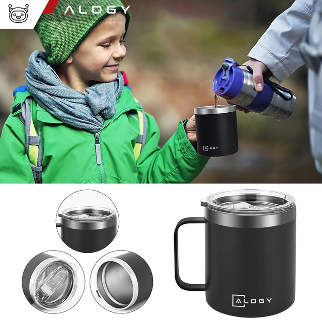 Alogy Kubek termiczny z uchwytem Thermal Mug otwierana pokrywka stalowy zimno i ciepło Czarny