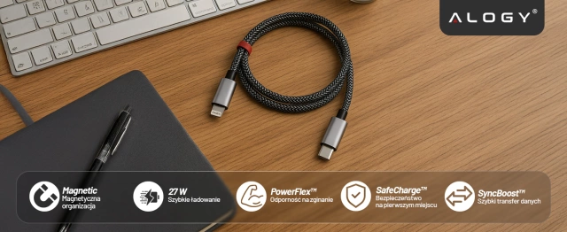 Kabel Zasilający USB-C do Lightning 27W 1m, Szybkie Ładowanie PD, Trwały i Elastyczny Przewód Kompatybilny z iPhone i iPad, Alogy MagiCharge™ – Czarny