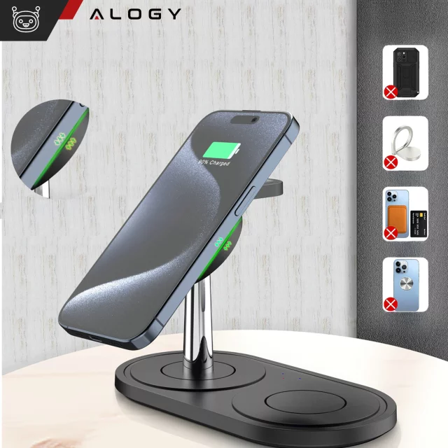 Ładowarka indukcyjna 3w1 do telefonu zegarka słuchawek  Alogy Qi Charger do Apple iPhone Watch AirPods Czarna