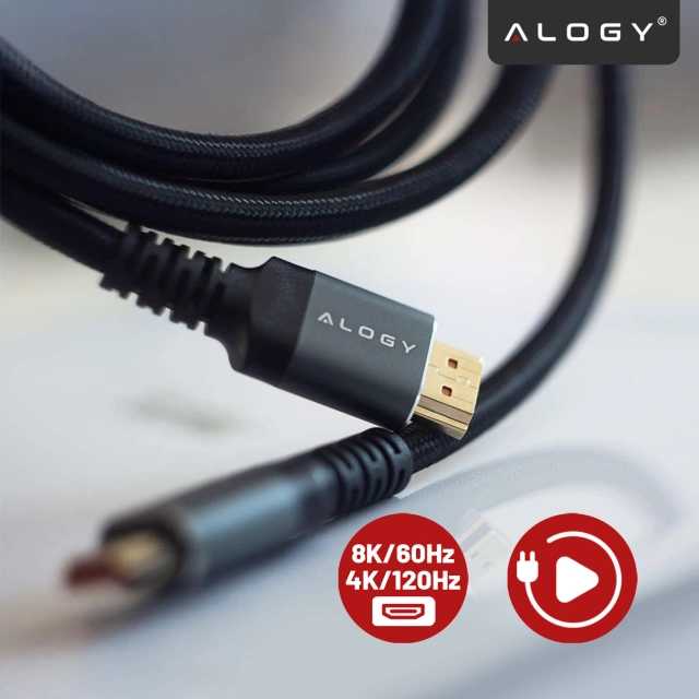 Kabel HDMI 2.1 Alogy 1m 4K 8K PREMIUM MIEDŹ ULTRA High Speed 60Hz 48GBps Czarny