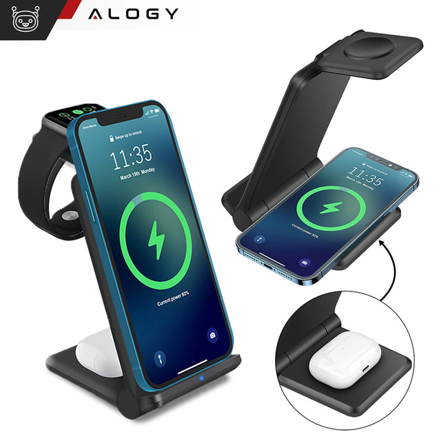 Ładowarka indukcyjna do iPHONE, APPLE WATCH, AIRPODS Alogy 3w1 QI stacja ładowania stojak 15W