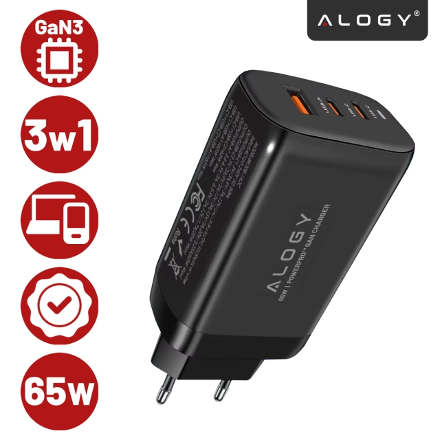 Ładowarka Sieciowa 3w1 z Technologią GaN3 65W, Szybkie Ładowanie PD i QC, Porty 2x USB-C 65W + USB-A 30W, Kompaktowa i Wydajna, Alogy GaNCharge Compact™ – Czarna