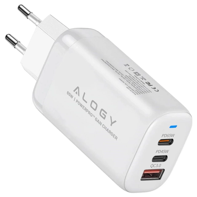 Ładowarka Sieciowa 3w1 z Technologią GaN3 65W, Szybkie Ładowanie PD i QC, Porty 2x USB-C 65W + USB-A 30W, Kompaktowa i Wydajna, Alogy GaNCharge Compact™ – Biała