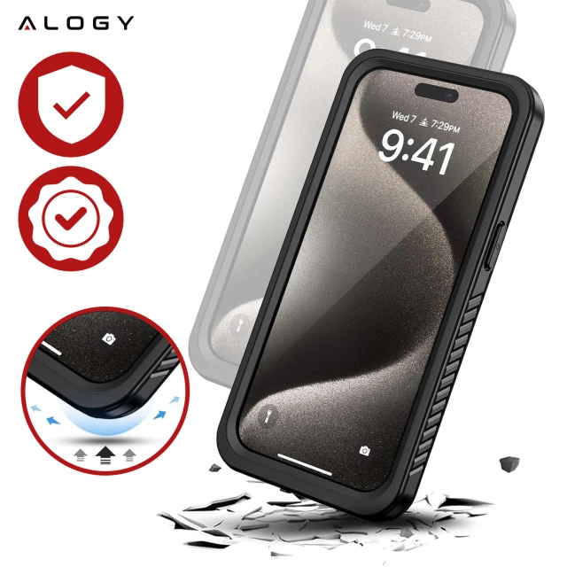 Alogy Etui do Apple iPhone 15 Pro Pancerne 360 case do Mag Safe wodoodporne Armor IP68 czarne