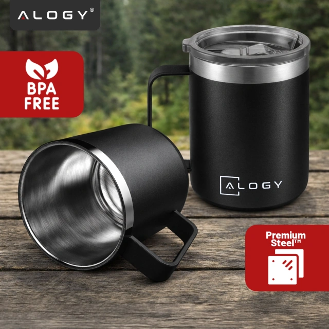 Alogy Kubek termiczny z uchwytem Thermal Mug otwierana pokrywka stalowy zimno i ciepło Czarny