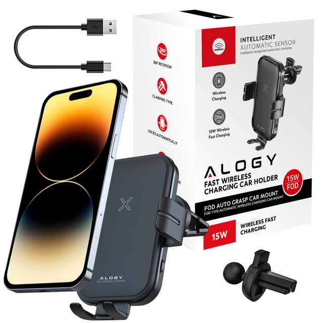 Alogy Uchwyt samochodowy Fast Wireless Charging Car Holder z Ładowarką Qi indukcyjną 15W do auta na kratkę