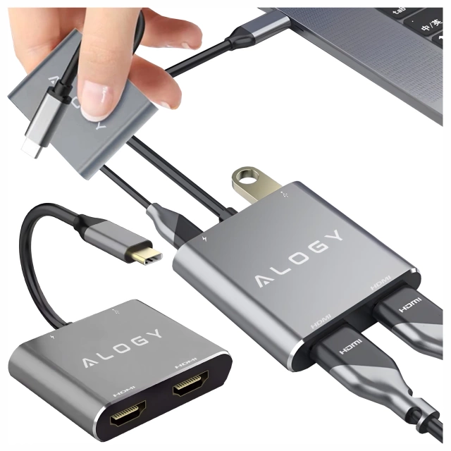 Adapter HUB 4w1 Alogy przejściówka USB-C do 2x HDMI USB 3.0 USB-C szybkie ładowanie PowerDelivery PD 100W