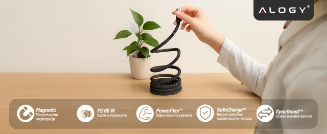 Kabel Zasilający USB-C do USB-C 65W 1m, Szybkie Ładowanie PD, Magnetyczny, Trwały i Elastyczny Przewód Kompatybilny z iPhone, MacBook i Android, Alogy MagiCharge™ – Czarny