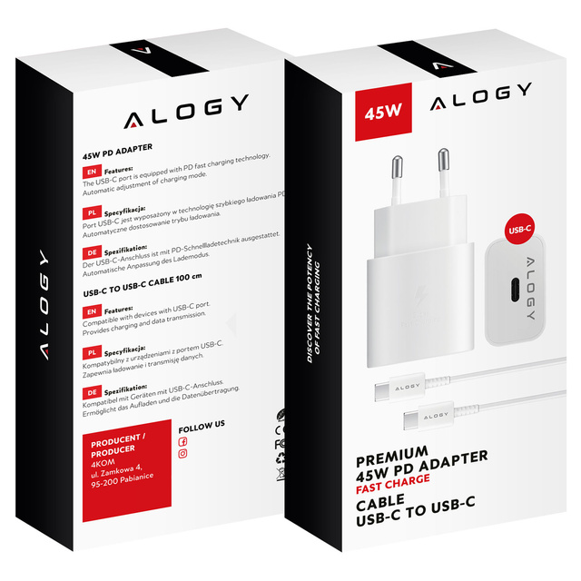 Alogy Ładowarka sieciowa USB-C typ C PD Premium szybka 45W 3A + Kabel Type-C 1M Biała
