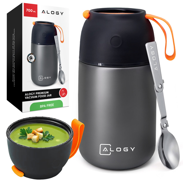 Alogy Termos obiadowy na jedzenie zupe dla dzieci 700ml ze stali nierdzewnej + składana łyżeczka termiczny szary