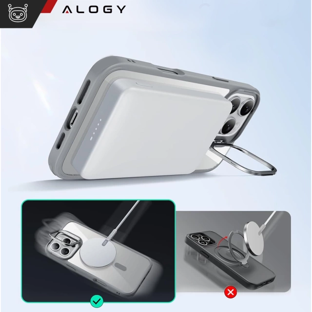 Etui hybrydowe ochronne do Apple iPhone 16 Pro Max Alogy KickStand Hybrid Case z podpórką do MagSafe Szare + szkło hartowane