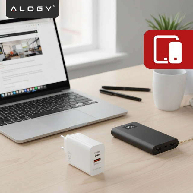 Ładowarka sieciowa USB-A + USB-C – szybkie ładowanie QC 3.0 i PD 33W 65W, kompaktowa, uniwersalna do telefonu i laptopa – Alogy GaN PowerCharge™ Biała