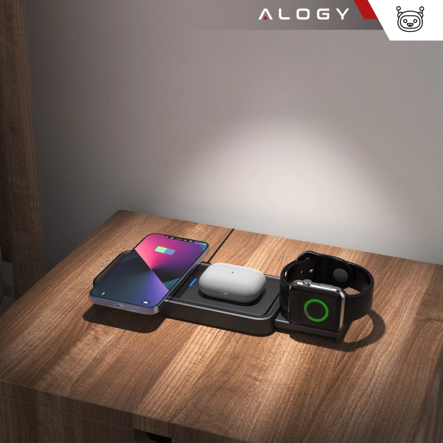 Ładowarka Indukcyjna Alogy Bezprzewodowa Qi PD QC 3.0 2w1 Szybka do Apple iPhone Airpods Watch Stacja ładująca stojak czarna 
