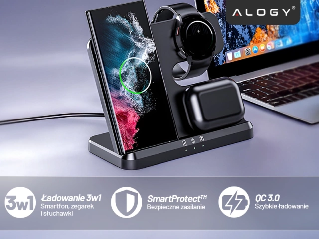 Ładowarka Bezprzewodowa Indukcyjna 3w1 Qi 3.0 Szybka do Samsung Galaxy 22 23 24 Ultra Watch Buds 