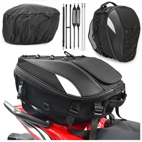 Plecak torba motocyklowa wodoodporna 40L – 5w1 – kufer, podsiodłowa, bagażnikowa, na kask, z pokrowcem, Nylon, torba miejska na motocykl – Alogy RoadMaster™  Czarna